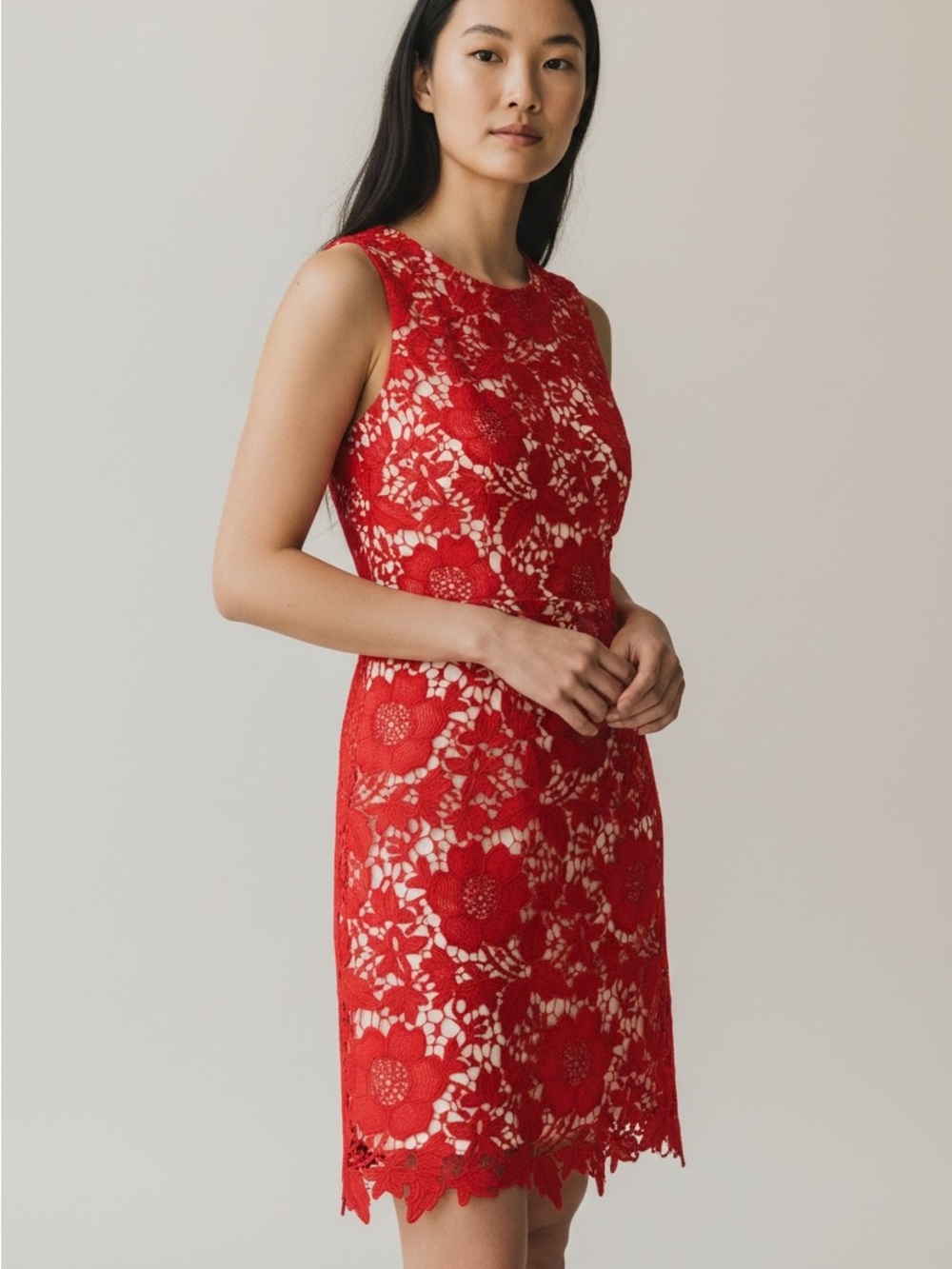 ECI Red Floral Lace Sheath Sleeveless Knee Length Dress Sz 4